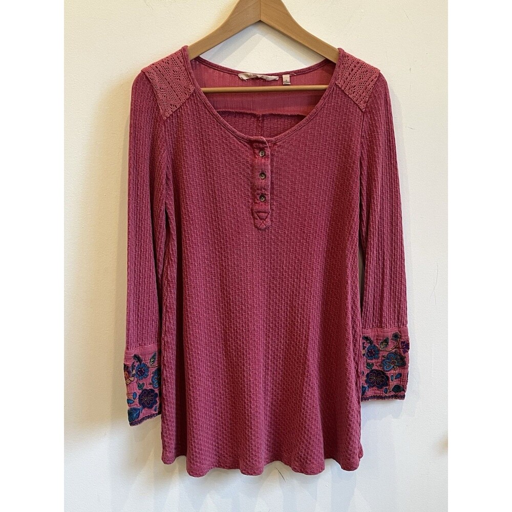 Soft Surroundings Tunic Womens Sz S Pink Embroidered Cuffs Linen Blend cottageco